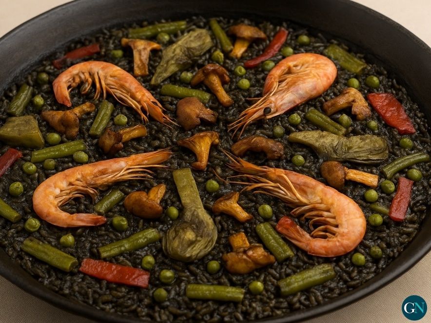 Arròs negre amb gambes i bolets 