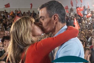Pedro Sánchez y la mujer imputada en un mitin 